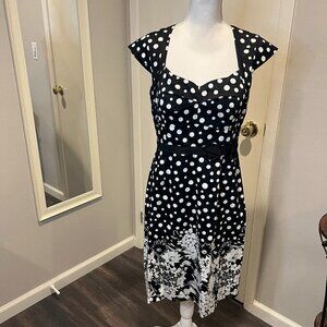 Spense Black & White Polka Dot Floral Print Midi Dress, Size 10